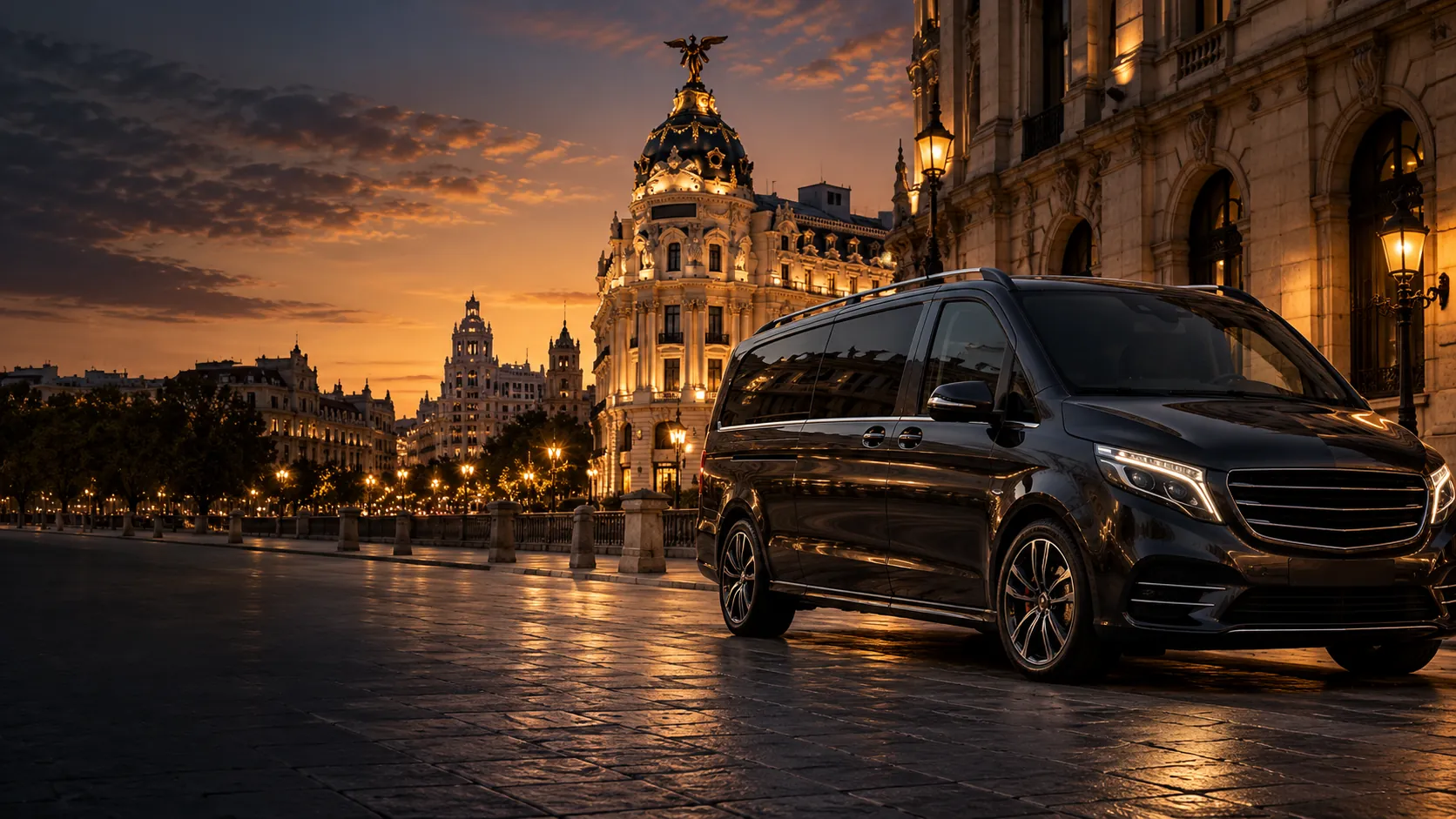 Imagen conceptual de transporte ejecutivo en Madrid; no representa la flota real